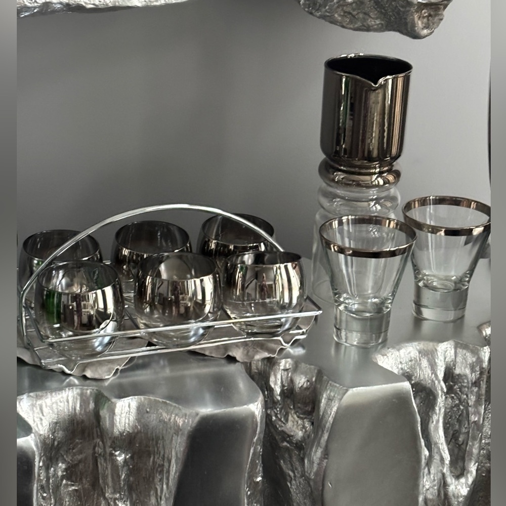 Rare 1950s vintage MCM smoked bar accessories glasses in caddy pitcher